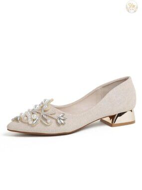 Rhinestone Pearl Pointed Toe Low Heel Dress Pumps for Wedding Work Business